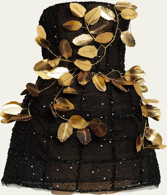 Oscar De La Renta Strapless Golden-Leaf Sequined Mini Dress