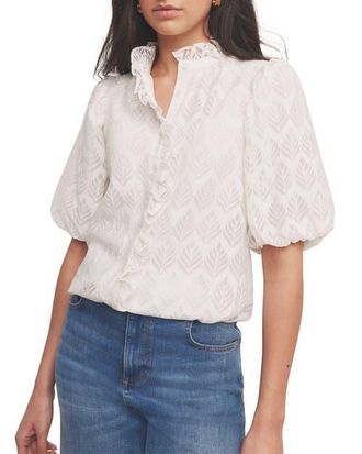 Mint Velvet Jacquard Ruffle Blouse in White at Nordstrom, Size X-Small