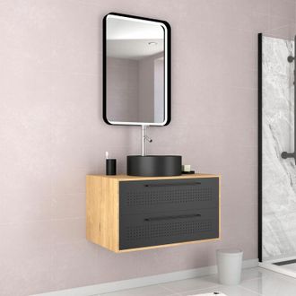Aurlane Muebles De Ba&ntilde;o De Roble Natural + Matt Black Washbasin + Led Mirror - Uby 80 - 80x45x53cm