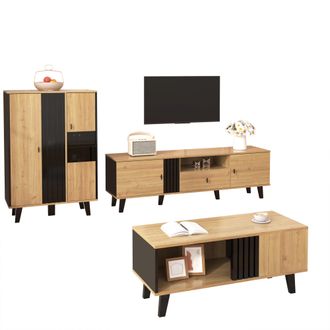 STILVORA Conjunto De Muebles De Sal&oacute;n Con 1 Mesa De Centro, 1 Mueble De Tv Y 1 Aparador Con Led, Para Sal&oacute;n, Vidrio Y Tablero De Part&iacute;culas, Negro Y Madera