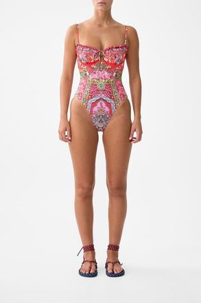 Camilla Ruched Cup Underwire One Piece With Front Tie in Heirloom Empire at Nordstrom, Size X-Large Au