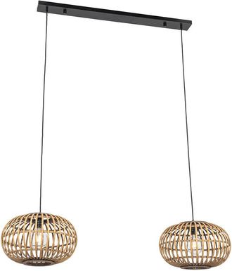 QAZQA Oriental Lámpara colgante oriental de bambú 2 luces - Amira Bambú /Acero Alargada Adecuado para led Max. 2 x 40 Watt - Qazqa