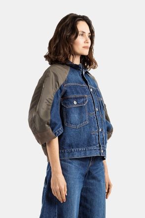 sacai Womens Hybrid Denim And Nylon Twill Jacket Indigo Blue Khaki