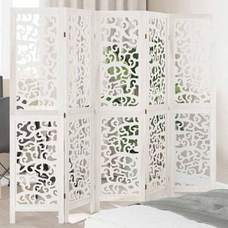 vidaXL Biombo Separador De 5 Paneles Madera Maciza Paulownia Blanco Vidaxl