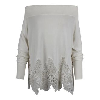 Ermanno Scervino Round-neck Knitwear, female, White, Size: M Cotton Sweater with Lace Embroidery