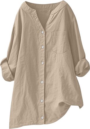 Generic Womens Gauze Shirt Casual Long Sleeve Button Down Shirts Summer Classic V Neck Cotton Linen Cardigans Lightweight Dressy Blouse Office Work Tops Ladie