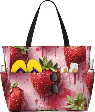 Generic Pink Strawberry Print Large Beach Bag Foldable Travel Shoulder Tote Bag With Pocket For Weekender Pool Vacation