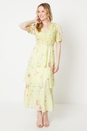 Oasis Womens Occasion Floral Lace Bodice Tiered Midi Dress - Yellow - Size 18 UK