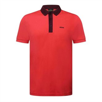 HUGO BOSS Mens Paule Ribbed Logo Slim Polo Shirt (Red) - Size Large