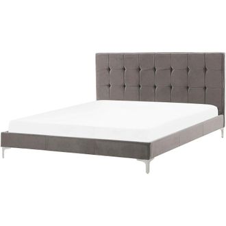 Beliani Beliani - Cama Doble Tapizada En Tela De Terciopelo Gris 160 X 200 Cm Con Base De Listones Y Cabecero Acolchado Con Botones Ambert