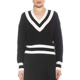 Alexia Admor Leona V-Neck Varsity Polo Sweater in Black/Ivory at Nordstrom Rack, Size Medium