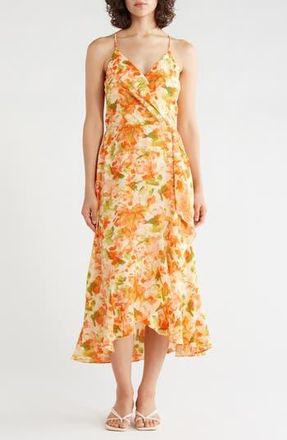 Chelsea28 Floral Faux Wrap Midi Dress in Orange Green Rebecca Floral at Nordstrom Rack, Size Xx-Small