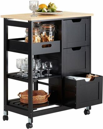SoBuy Carro de Almacenamiento Mueble Auxiliar Cocina Carrito de Servir con 3 Cajones 2 Estantes y 1 Bandeja Extraíble Negro FKW79-SCH Sobuy es