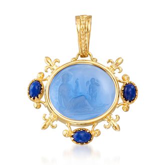 Ross-Simons Italian Tagliamonte Blue Venetian Glass Intaglio and Lapis Pendant in 18kt Gold Over Sterling