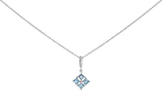 House of Brilliance Sterling Silver Blue Topaz and White Sapphire Square Motif Pendant Necklace 18 Inch