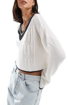 Miss Selfridge Varsity Cable Stitch V-Neck Sweater in Cream at Nordstrom Rack, Size Small