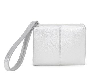 Generic Womens Faux Leather Wristlet Pouch, Zip Top Clutch with Wrist Strap, Textured Grain (Silver)