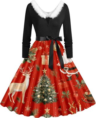 Generic Christmas Dresses for Women Christmas V Neck Fluffy Party Dress Plus Size Claus Costume Outfit Long Sleeve Dress with Belt Autumn Winter Women Dresses