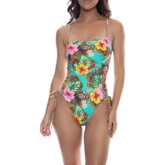 Luli Fama Chain Square Neck Laced Up One Piece in Floral at Nordstrom, Size X-Large
