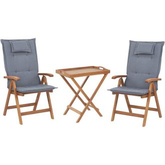 Beliani Conjunto De Comedor De Balc&oacute;n En Madera De Acacia Oscura Con Sillas Ajustables Plegables Cojines Azules Java