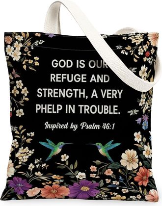 Generic Inspirational Floral Canvas Tote Bags, Vintage Flower Design Reusable Grocery Bags, Lightweight Washable Shoulder Strap Can, Black, 13x15 Inch