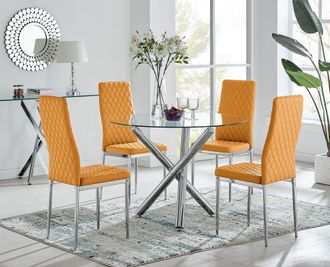 Furniturebox Selina Chrome Round Glass Dining Table & 4 Milan Dining Chairs in Mustard | Size: 4 Person