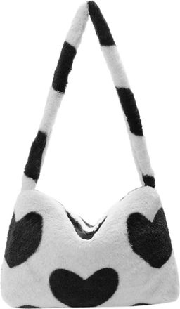 Generic Womens Plush Bags Women Plush Flower Pattern Shoulder Bags Elegant Female Underarm Fur Handbag Furry Fluffy Tote Design(Black love R)