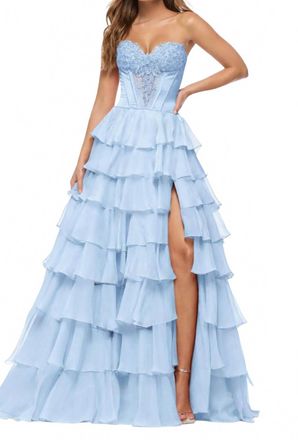 Sherri Hill Bubble Hem Floral Gown In Light Blue