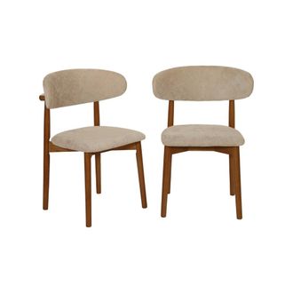 Sweeek Silla de madera de hevea nogal y tela chenilla, set de 2, pardo