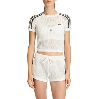 adidas Originals Open Stitch Short Sleeve Crop Sweater in Off White at Nordstrom, Size Small
