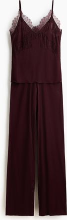 H&M Jerseypyjama mit Spitze - Weinrot