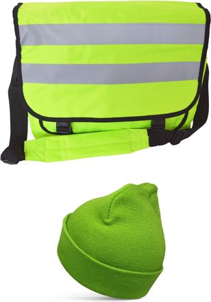 Generic Hi Vis Yellow Messenger Shoulder Bag Cycling Work Reflective Night Visibility School College, Unisex, Lightweight Bag and Lime Green Beanie Hat Set Bu