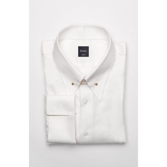 Brisk Classic Collar Pin Pima Cotton Twill Shirt in Pearl White at Nordstrom, Size 15