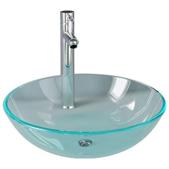 Berkfield Home Bathroom Sink with Tap & Push Drain Clear Tempered Glass