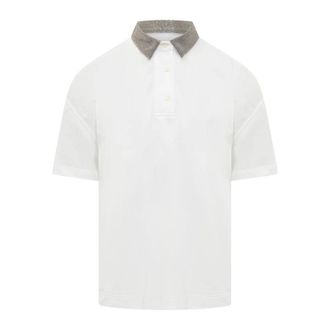 Brunello Cucinelli White Polo With Embellished Collar, Size Medium
