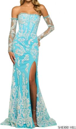 Sherri Hill Strapless Fitted Gown In Bright Aqua