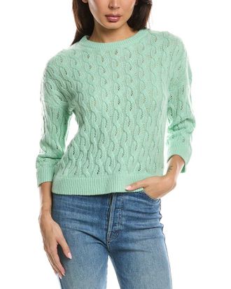 Fort&eacute; Cashmere 3/4-Sleeve Pointelle Cable Crewneck Cashmere Sweater