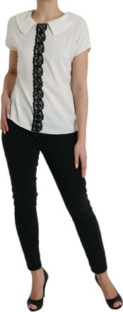 Dolce & Gabbana Womens Off White Silk Lace Trim Short Sleeves Top Cotton Elastane