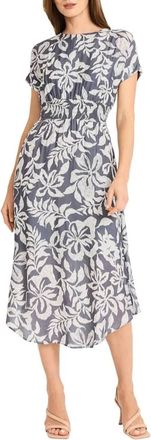 Maggy London Print Cap Sleeve Midi Dress In Grey Cream
