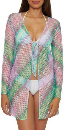 BECCA by Rebecca Virtue Tie Front Long Sleeve Sheer Mesh Cover-Up in Seashore at Nordstrom Rack, Size Medium