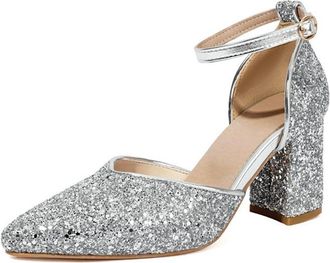 Generic Womens Fashion Glitter Closed Pointed Toe Mid Hollow Out Ankle Strap Dress Sandals Block Heels Pumps Wedding Party Casual Shoes (7.5,Silver)
