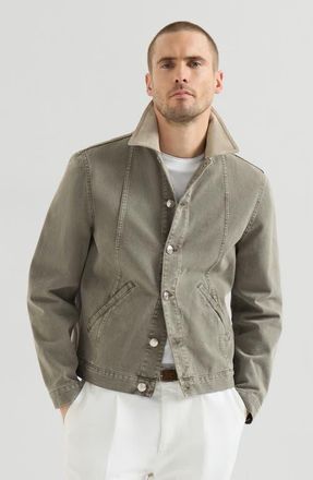 Brunello Cucinelli Garment-dyed outerwear jacket in denim with leather collar in Military at Nordstrom, Size 54
