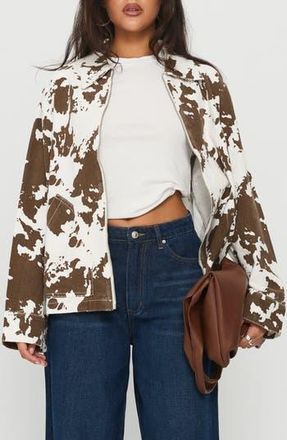 Princess Polly Another Life Zip Through Cow Print Jacket in Animal at Nordstrom Rack, Size 4