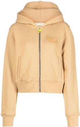 Palm Angels embroidered-logo zip-up hoodie - women - Cotton - L - Neutrals
