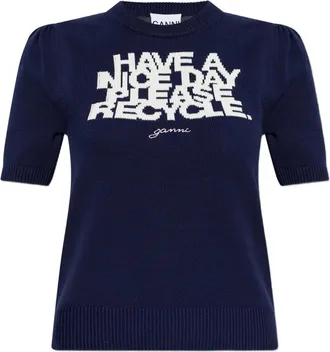 Ganni T-shirt met slogan en pofmouwen - Dames - T-shirts - Blauw - S - Katoen - Tops