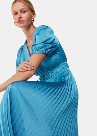 Whistles Delilah Satin Pleat Dress in Blue at Nordstrom, Size 12