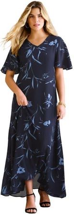 Roaman's Plus Size Hand Crinkled Flutter Sleeve Maxi Dress in Navy Blue Floral at Nordstrom, Size 36