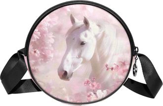 Generic Circle Crossbody Bag for Women, Horse Flower Small Sling Bag Daypack with Zipper Adjustable Shoulder Straps Casual Ladies Girls Round Purse