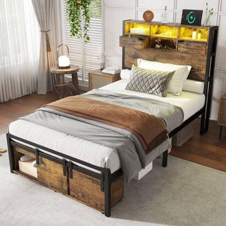 Merax Black & Wood 3ft Single Metal Bed with LED USB Storage in Walnut