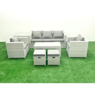Fimous Rattan Garden Furniture Set 7 Seater Outdoor Garden Sofa Oblong Coffee Table Set with 2 Chairs 2 Stools Side Table Light Grey Mixed - Fimous